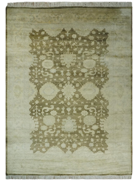 Antique Style 10x14 Hand Knotted Brown and Beige Traditional Oushak Wool Rug, Large Rug | N3751014