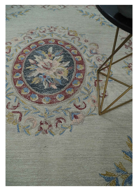Antique Style Beige and Charcoal Aubusson design Hand Tufted 8x10 wool Area Rug