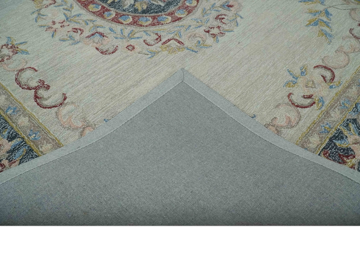 Antique Style Beige and Charcoal Aubusson design Hand Tufted 8x10 wool Area Rug