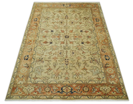 Antique Style Empress Tabriz 6x8 Hand Knotted Beige and Rust Modern Traditional Wool Rug | N35368