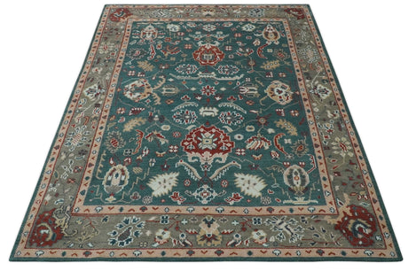 Antique Style Floral Teal, Camel and Brown Hand Knotted Oriental Oushak 8x10 wool Area Rug