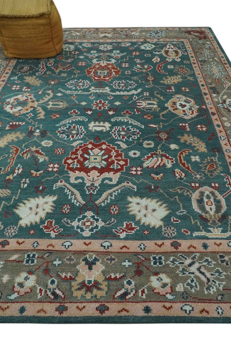 Antique Style Floral Teal, Camel and Brown Hand Knotted Oriental Oushak 8x10 wool Area Rug