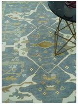 Antique Style Grayish Blue and Ivory Hand Knotted Custom Made Wool Rug