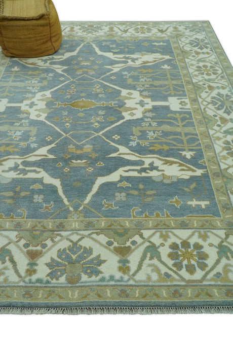 Antique Style Grayish Blue and Ivory Hand Knotted Custom Made Wool Rug