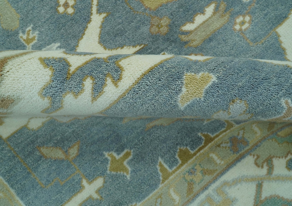 Antique Style Grayish Blue and Ivory Hand Knotted Custom Made Wool Rug