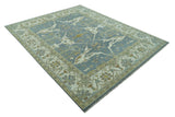 Antique Style Grayish Blue and Ivory Hand Knotted Custom Made Wool Rug