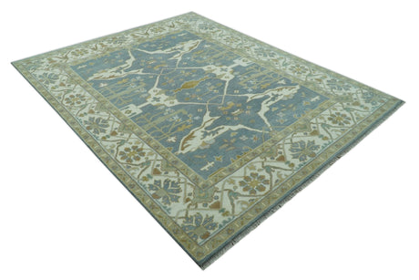 Antique Style Grayish Blue and Ivory Hand Knotted Custom Made Wool Rug