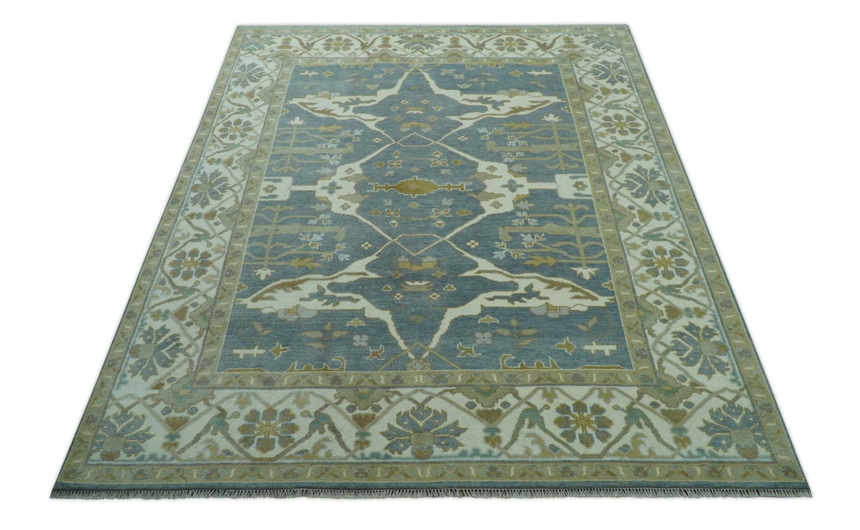 Antique Style Grayish Blue and Ivory Hand Knotted Custom Made Wool Rug