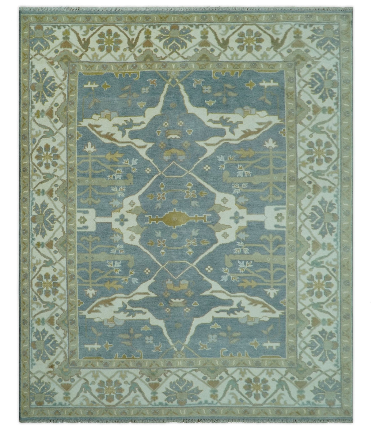 Antique Style Grayish Blue and Ivory Hand Knotted Custom Made Wool Rug