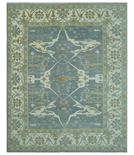 Antique Style Grayish Blue and Ivory Hand Knotted Custom Made Wool Rug