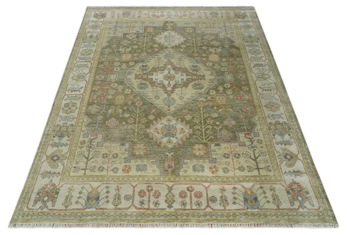 Antique Style Green, Ivory and Beige Hand knotted 9x12 wool Area Rug