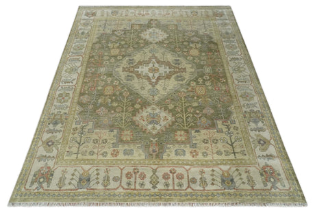 Antique Style Green, Ivory and Beige Hand knotted 9x12 wool Area Rug