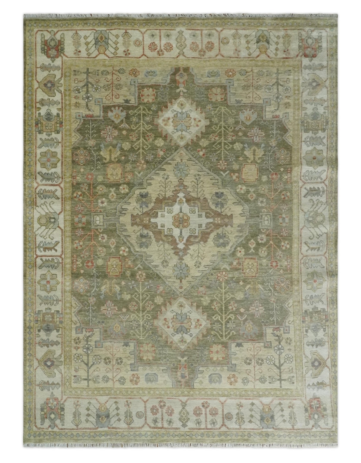 Antique Style Green, Ivory and Beige Hand knotted 9x12 wool Area Rug