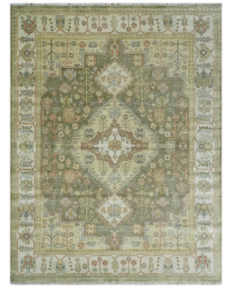 Antique Style Green, Ivory and Beige Hand knotted Heriz Serapi Multi Size wool Area Rug