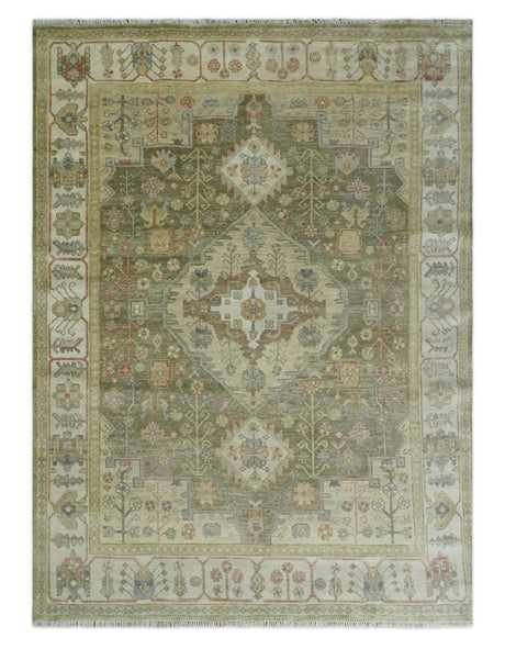 Antique Style Green, Ivory and Beige Hand knotted Heriz Serapi Multi Size wool Area Rug