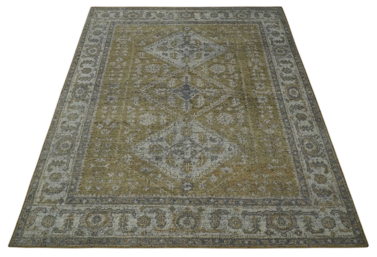 Antique Style Hand Knotted 8x10 Olive, Silver and Charcoal Traditional Low Pile Wool Area Rug