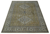 Antique Style Hand Knotted 8x10 Olive, Silver and Charcoal Traditional Low Pile Wool Area Rug