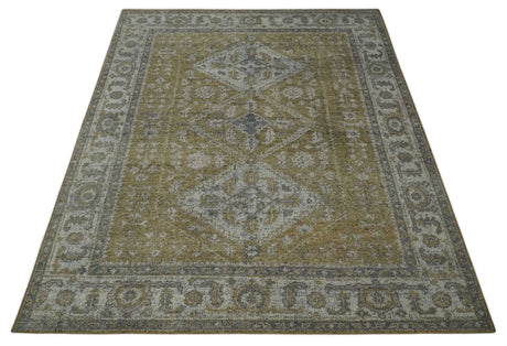 Antique Style Hand Knotted 8x10 Olive, Silver and Charcoal Traditional Low Pile Wool Area Rug