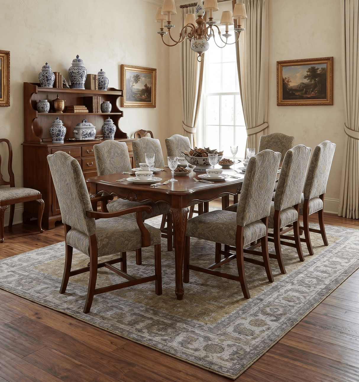 Antique Style Hand Knotted 8x10 Olive, Silver and Charcoal Traditional Low Pile Wool Area Rug