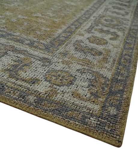 Antique Style Hand Knotted 8x10 Olive, Silver and Charcoal Traditional Low Pile Wool Area Rug