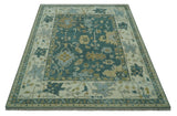 Antique Style Hand Knotted Teal and Ivory Oushak Multi Size wool Rug