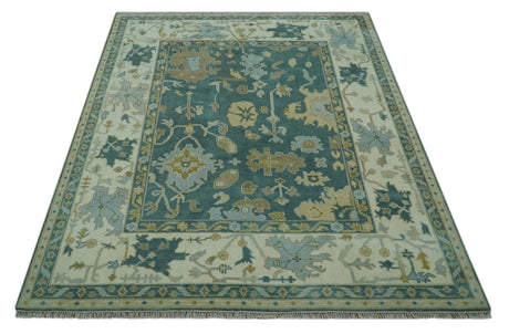 Antique Style Hand Knotted Teal and Ivory Oushak Multi Size wool Rug