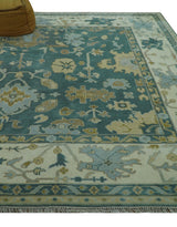 Antique Style Hand Knotted Teal and Ivory Oushak Multi Size wool Rug