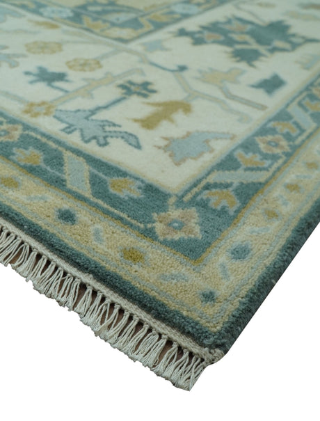 Antique Style Hand Knotted Teal and Ivory Oushak Multi Size wool Rug