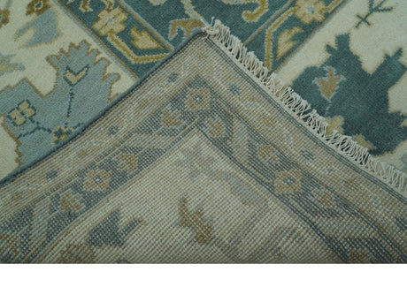 Antique Style Hand Knotted Teal and Ivory Oushak Multi Size wool Rug