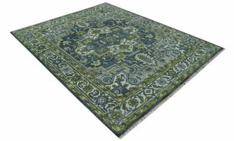Antique Style Hand Knotted Teal, Gray and Green Traditional multi Size wool rug