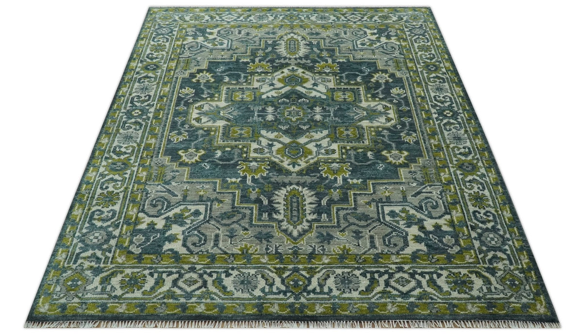 Antique Style Hand Knotted Teal, Gray and Green Traditional multi Size wool rug