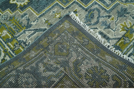 Antique Style Hand Knotted Teal, Gray and Green Traditional multi Size wool rug
