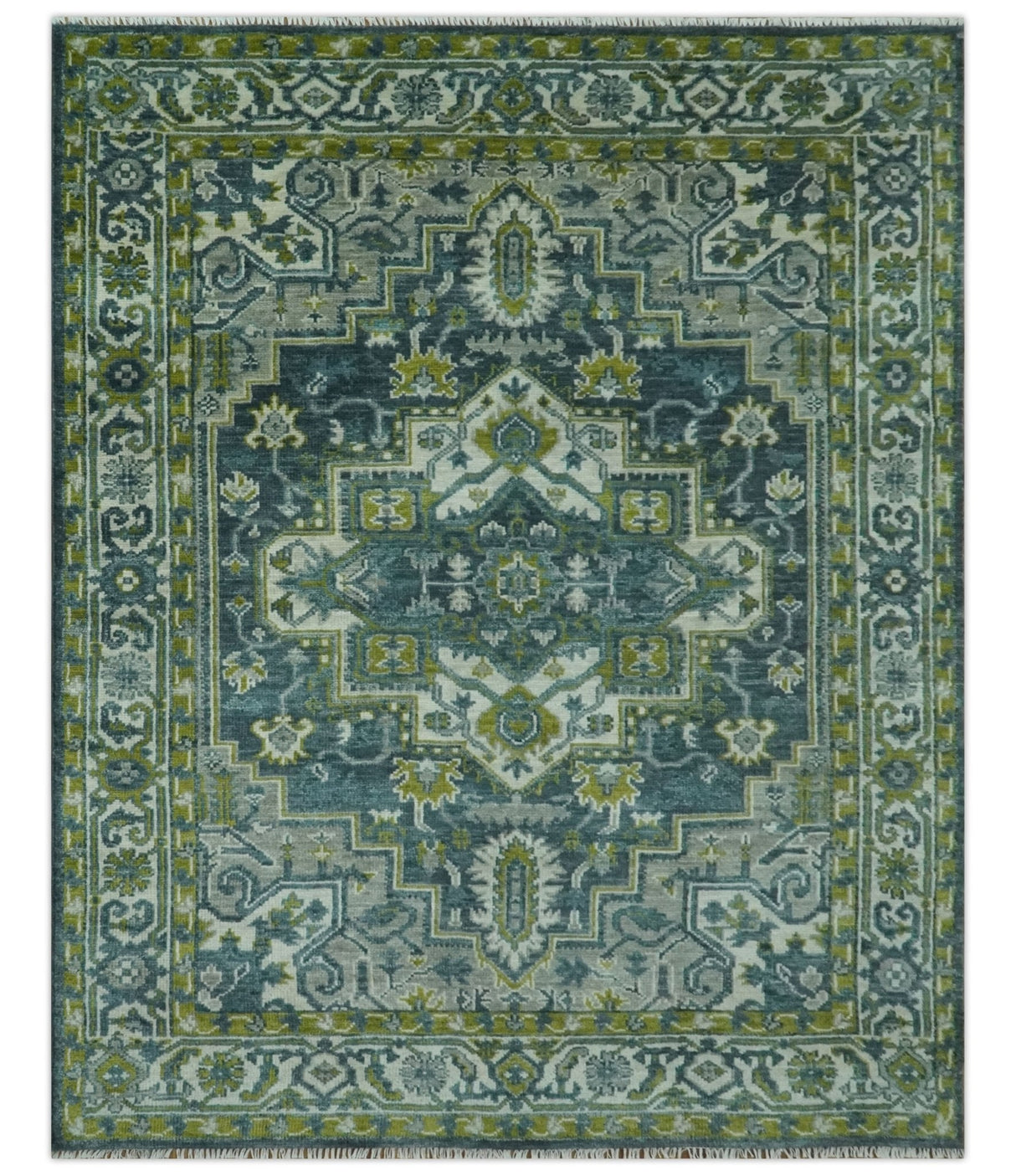 Antique Style Hand Knotted Teal, Gray and Green Traditional multi Size wool rug