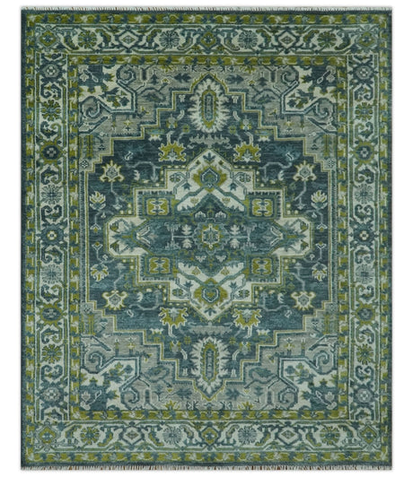 Antique Style Hand Knotted Teal, Gray and Green Traditional multi Size wool rug