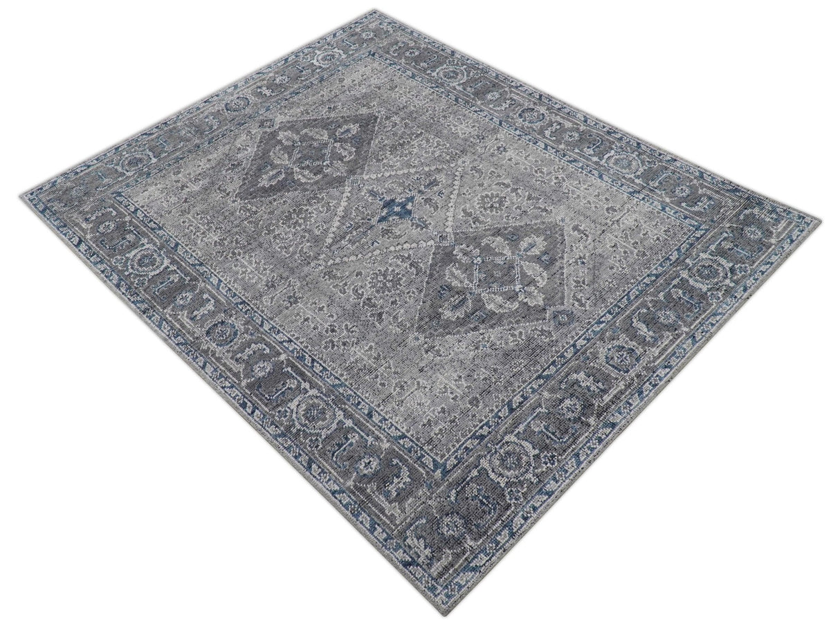 Antique Style Hand Knotted Traditional Blue and Gray Wool Area Rug