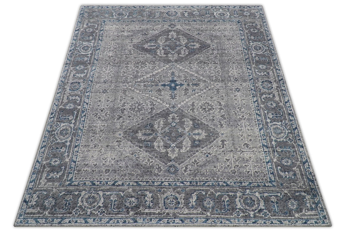 Antique Style Hand Knotted Traditional Blue and Gray Wool Area Rug