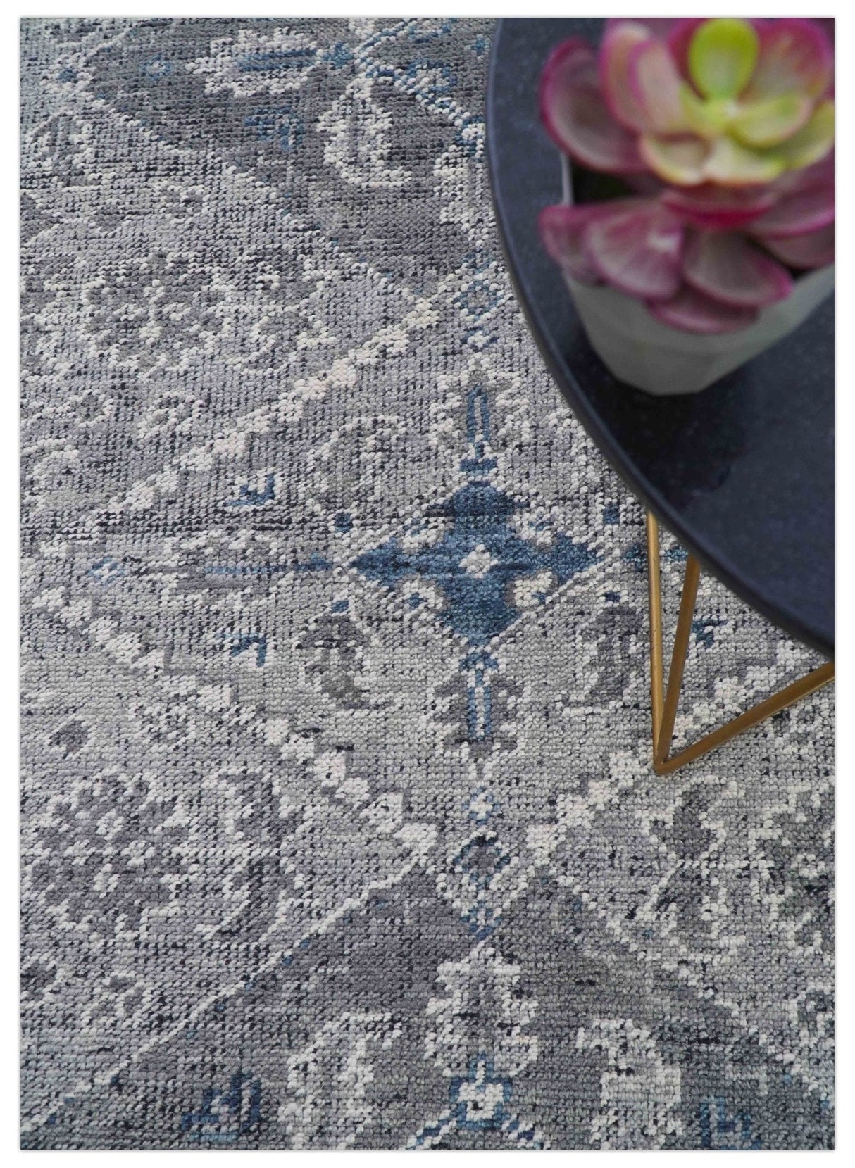 Antique Style Hand Knotted Traditional Blue and Gray Wool Area Rug