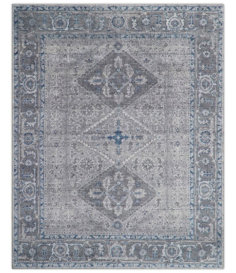 Antique Style Hand Knotted Traditional Blue and Gray Wool Area Rug