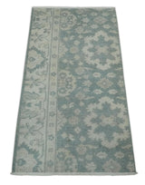 Antique Style Ivory and Gray Hand Knotted Traditional Oushak 2x4 wool Bedside Rug