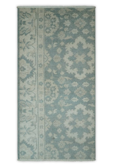 Antique Style Ivory and Gray Hand Knotted Traditional Oushak 2x4 wool Bedside Rug