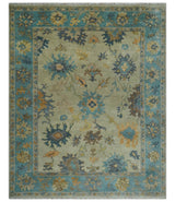 Antique Style Olive and Blue Hand knotted Traditional Oushak 8x10 wool Area Rug