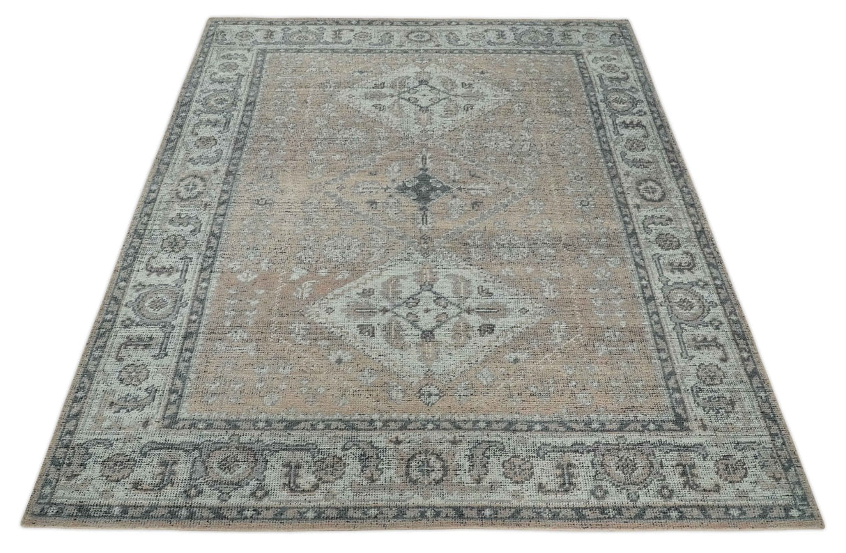 Antique Style Peach, Ivory and Charcoal 8x10 Hand knotted Traditional wool Area Rug