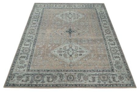 Antique Style Peach, Ivory and Charcoal 8x10 Hand knotted Traditional wool Area Rug