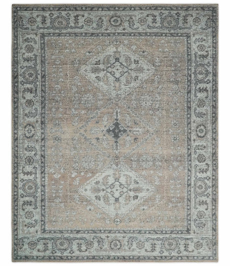 Antique Style Peach, Ivory and Charcoal 8x10 Hand knotted Traditional wool Area Rug