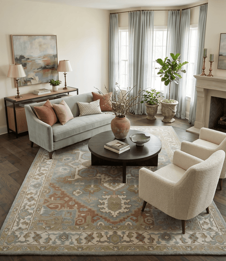 Antique Style Traditional Heriz Gray, Ivory, Peach and Olive Hand Knotted Multi Size wool Area Rug