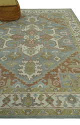 Antique Style Traditional Heriz Gray, Ivory, Peach and Olive Hand Knotted Multi Size wool Area Rug