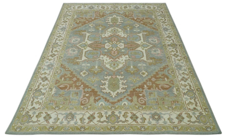 Antique Style Traditional Heriz Gray, Ivory, Peach and Olive Hand Knotted Multi Size wool Area Rug