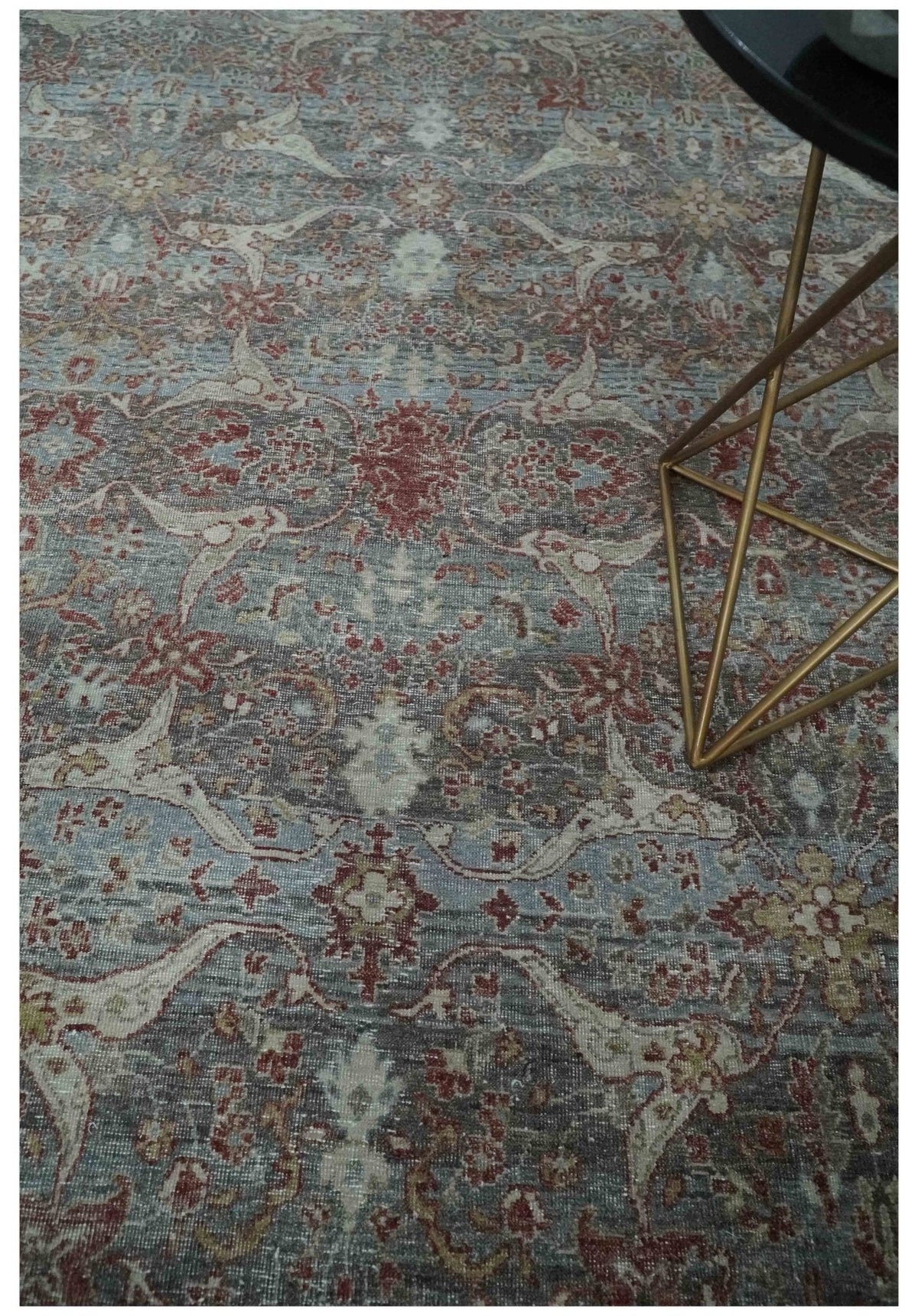 Antique Style Vintage Finish Low Pile Hand Knotted Gray, Silver and Rust Traditional Oushak Wool Rug
