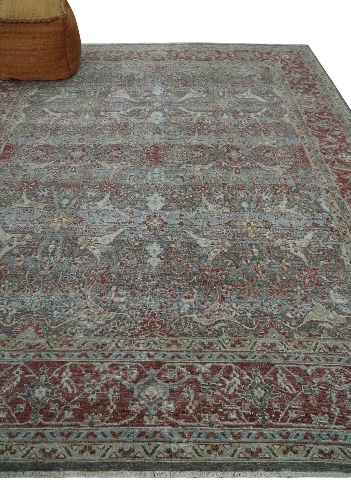 Antique Style Vintage Finish Low Pile Hand Knotted Gray, Silver and Rust Traditional Oushak Wool Rug