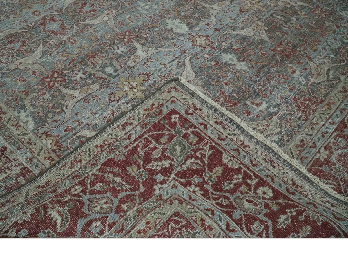 Antique Style Vintage Finish Low Pile Hand Knotted Gray, Silver and Rust Traditional Oushak Wool Rug